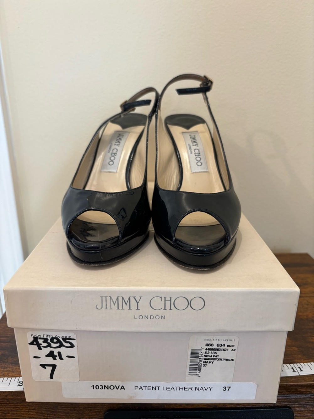 Jimmy Choo Dark Navy Patent Leather Peep-Toe Slingback Heels